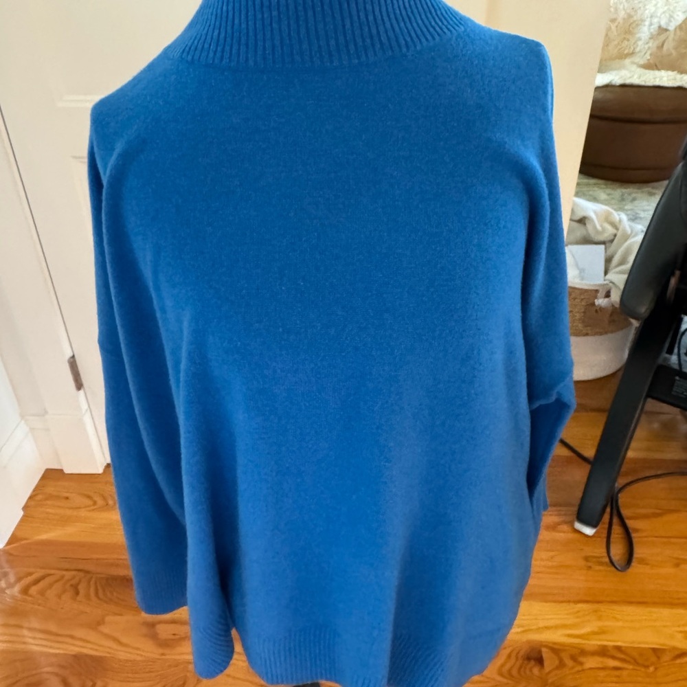 Blue Cowl Neck Sweater with Ribbed Knit